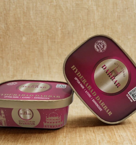 Hyderabad Darbar branded rectangular bowls printed in maroon and gold